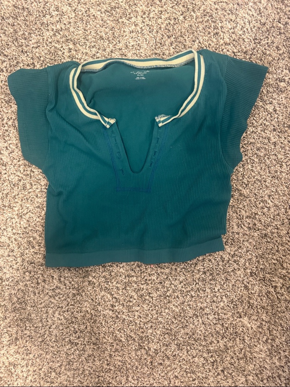 Urban Outfitters Teal Ribbed V-Neck Crop Top with Cream Trim